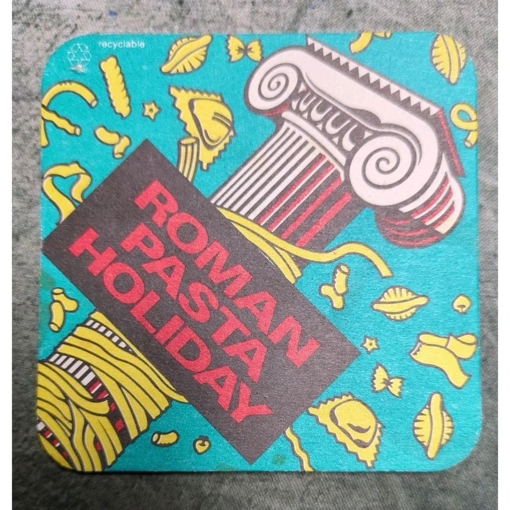 Vintage Paper Restaurant Coaster Roman‎ Pasta Holiday 80s 90s Teal Red Black